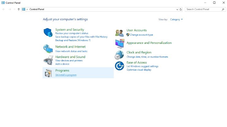 Στιγμιότυπο οθόνης του Πίνακα Ελέγχου των Windows, με επισημασμένο το «Προγράμματα».