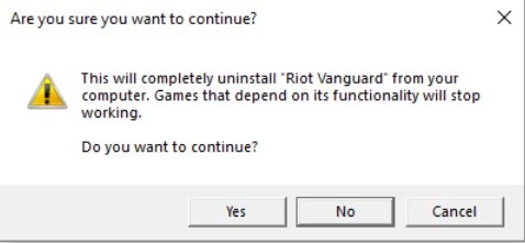 Στιγμιότυπο οθόνης ενός αναδυόμενου παραθύρου των Windows που ρωτά εάν θέλετε να συνεχίσετε με την κατάργηση της εγκατάστασης του Riot Vanguard.