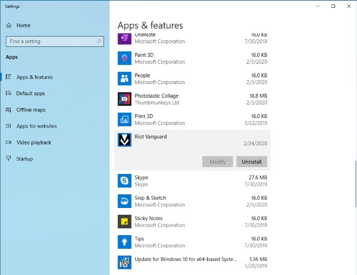 Screenshot of Windows’ Apps and features menu, where players can uninstall Riot Vanguard.