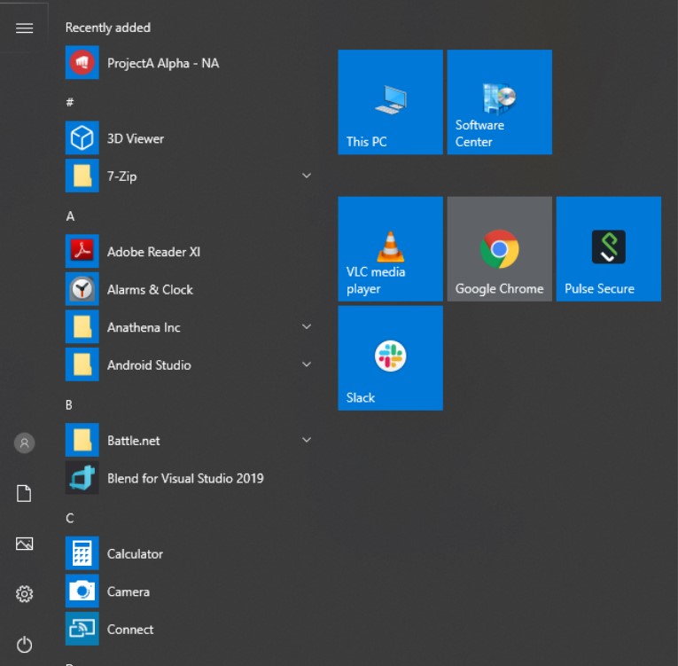 Screenshot del menu Start di Windows.