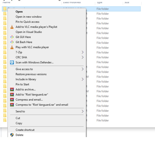 Windows'daki Program Files/Program Dosyaları klasöründe Riot Vanguard'a sağ tıkladığında açılan Riot Vanguard klasörünü silme seçeneği böyle görünür.