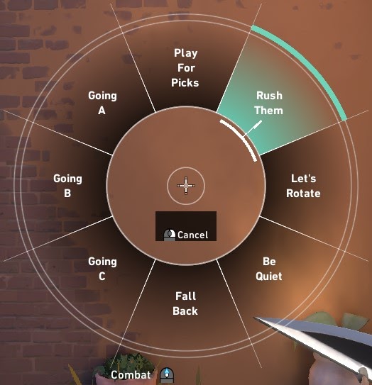 Képernyőfelvétel a VALORANT játékbeli pingválasztó tárcsájáról, a stratégiai pingekkel.