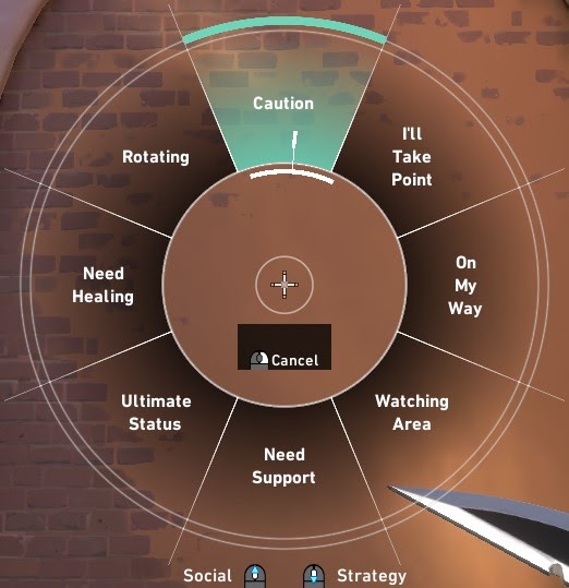 Uno screenshot della ruota segnali di VALORANT in partita, che mostra i segnali della categoria Combattimento.