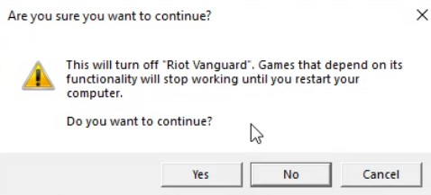Captură de ecran a unei ferestre Windows care îți cere să confirmi că vrei să continui cu dezactivarea Riot Vanguard.