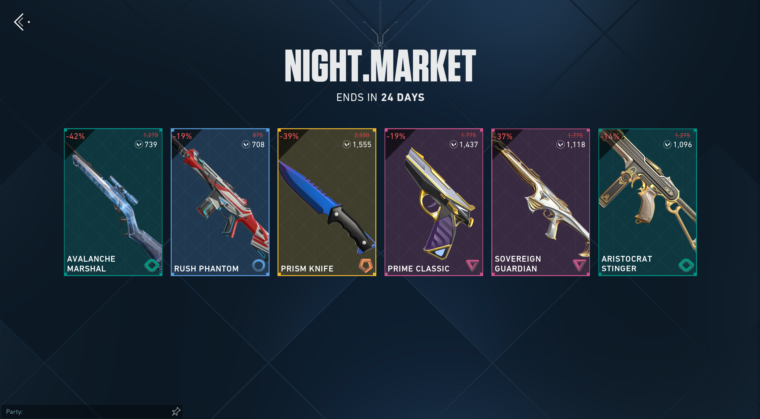 A black background with 6 cards of different colors, each one showcasing a different weapon and weapon skin at a discounted price. Above the cards reads: NIGHT.MARKET ENDS IN 24 DAYS.